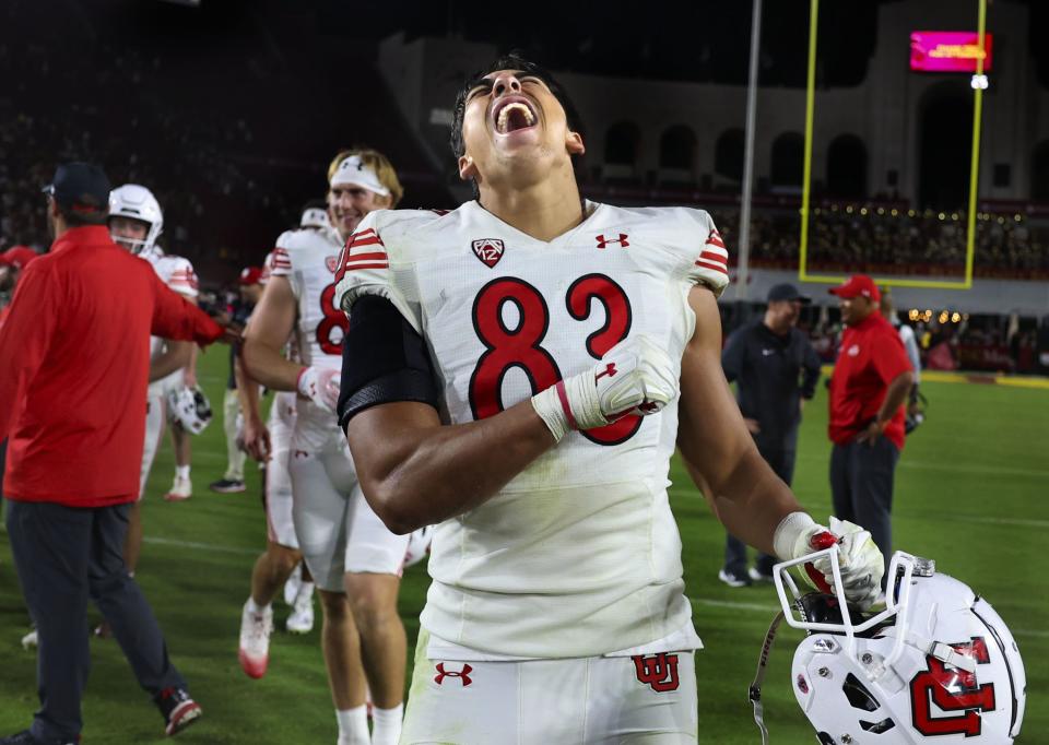 Utah Utes defensive end Jonah Elliss (83) celebrates Utah’s 34-32 win against the USC Trojans at the Los Angeles Memorial Coliseum on Saturday, Oct. 21, 2023. | Laura Seitz, Deseret News