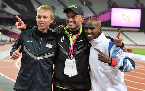 Mo Farah (right) celebrating winning the Men's 10,000m final with Silver Medalist USA's Galen Rupp (left) and coach Alberto Salazar - Credit: PA