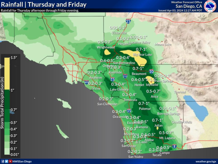 Estimated rainfall Thursday, April 4 and Friday, April 5. (National Weather Service)