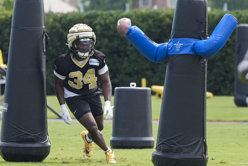 New Orleans Saints cornerback Kool-Aid McKinstry (34) runs through drills during the team's NFL football minicamp in Metairie, La., Wednesday, June 12, 2024. (AP Photo/Gerald Herbert)