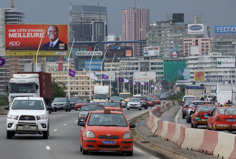 A campaign billboard of a presidential candidate Alassane Ouattara of the ruling RHDP coalition is pictured on the General De Gaule Bridge ahead of the presidential elections in Abidjan