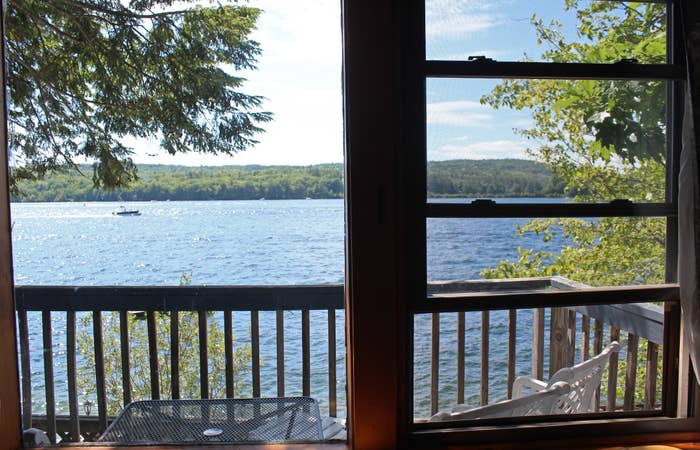 A view of Lake Winnipesaukee through a cabin window