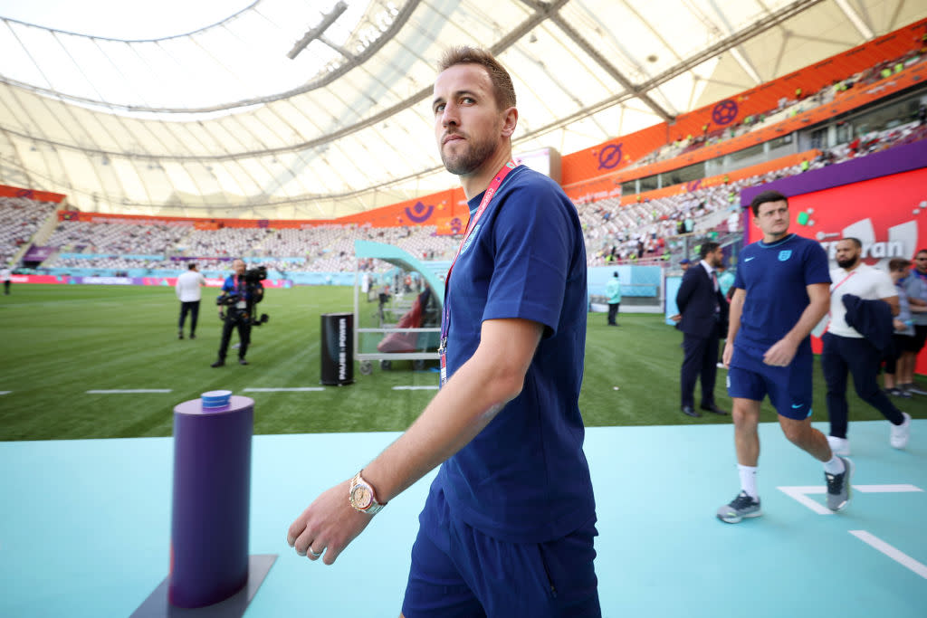 Harry Kane arrives for England's opening match in a rainbow coloured Rolex, after being banned form wearing the OneLove armband. (Getty Images)