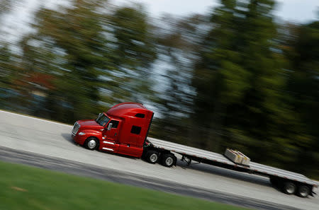 A Navistar LT Series truck drives around the track at the Navistar Proving Grounds in New Carlisle, Indiana, U.S., October 12, 2016. REUTERS/Jim Young