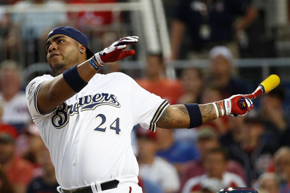 Milwaukee Brewers Jesús Aguilar (24) watches his hit during the MLB Home Run Derby, at Nationals Park, Monday, July 16, 2018 in Washington. The 89th MLB baseball All-Star Game will be played Tuesday. (AP Photo/Patrick Semansky)