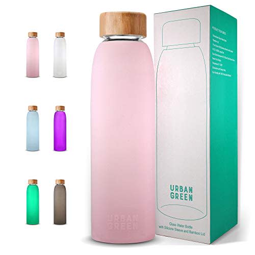Urban Green Glass Water Bottle with Protective Silicone Sleeve and Bamboo Lid, 18oz, 1extra 304 Stainless Steel Lid with Handle, BPA Free, Dishwasher Safe, Valentine Gift