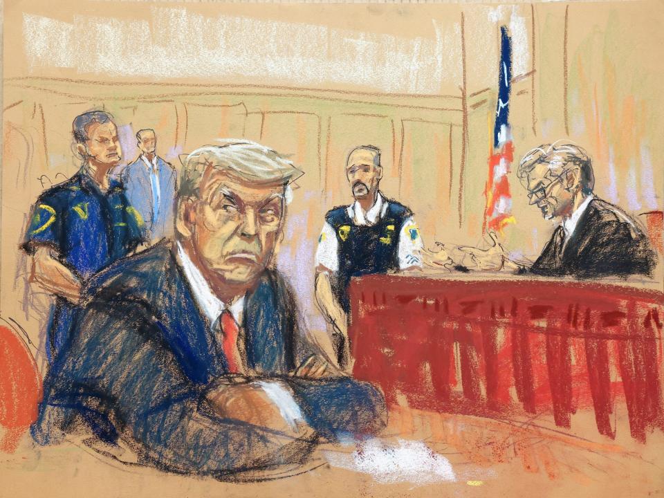 Former President Donald Trump looks over his shoulder in court for an arraignment. Justice Juan Merchan and two security personnel are seen in the background.