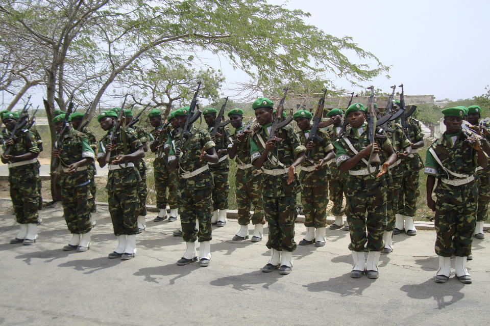 Burundian soldiers, part of the African Union troops, march at their base in Mogadishu, Somalia, Jan. 24, 2011. The second phase of the African Union troop withdrawal from Somalia has started, the bloc said Monday, Sept. 18, 2023. The pullout follows a timeline for the handover of security to the country's authorities, which are fighting al-Qaida’s affiliate in East Africa — the Somalia-based al-Shabab. (AP Photos Farah Abdi Warsameh)