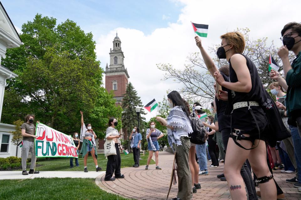 Students for Justice in Palestine at Denison University held a demonstration Tuesday in front of the Beth Eden building on the Granville campus. They demanded the university call for a ceasefire in Palestine and that it fully divest any investment in Israel.