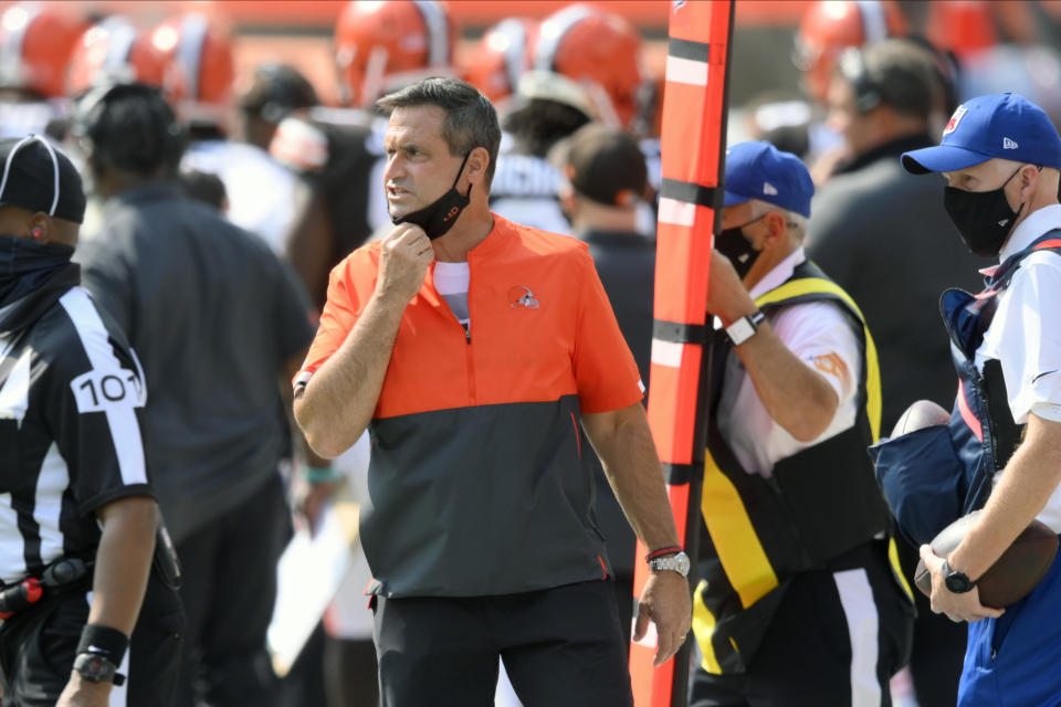 Cleveland Browns special teams coordinator Mike Priefer stands on the sideline during an NFL football game against the Washington Football Team, Sunday, Sept. 27, 2020, in Cleveland. Priefer has known for months that he would replace Kevin Stefanski as Browns coach in the event of a positive COVID-19 test. He never imagined it happening in the playoffs. (AP Photo/David Richard)