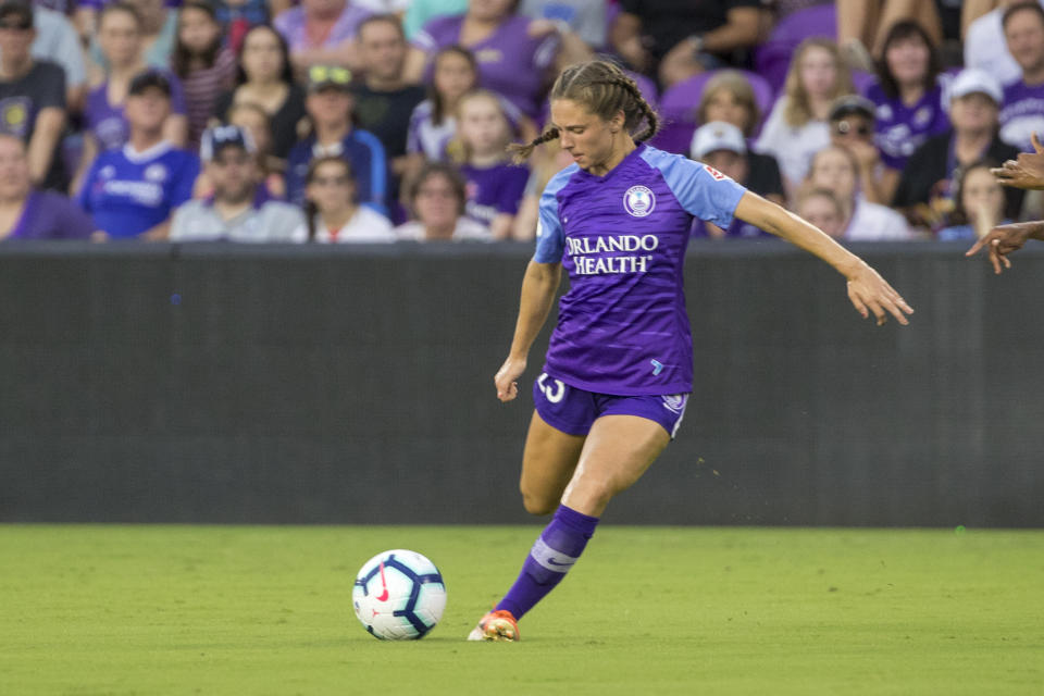 ORLANDO, FL - JULY 20: Orlando Pride midfielder Marisa Viggiano (23) kicks the ball during the soccer match between Sky Blue FC and the Orlando Pride on July 20, 2019, at Exploria Stadium in Orlando FL. (Photo by Joe Petro/Icon Sportswire via Getty Images)