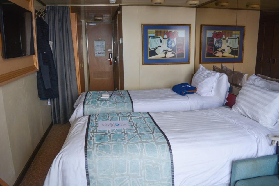 Two beds in cruise ship room