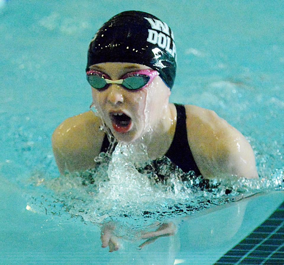 Justine Kranz of the Watertown Area Swim Club swims the mixed 9-12 100-yard breaststroke over the weekend in the Optimist High Point Swim Meet at the Prairie Lakes Wellness Center.