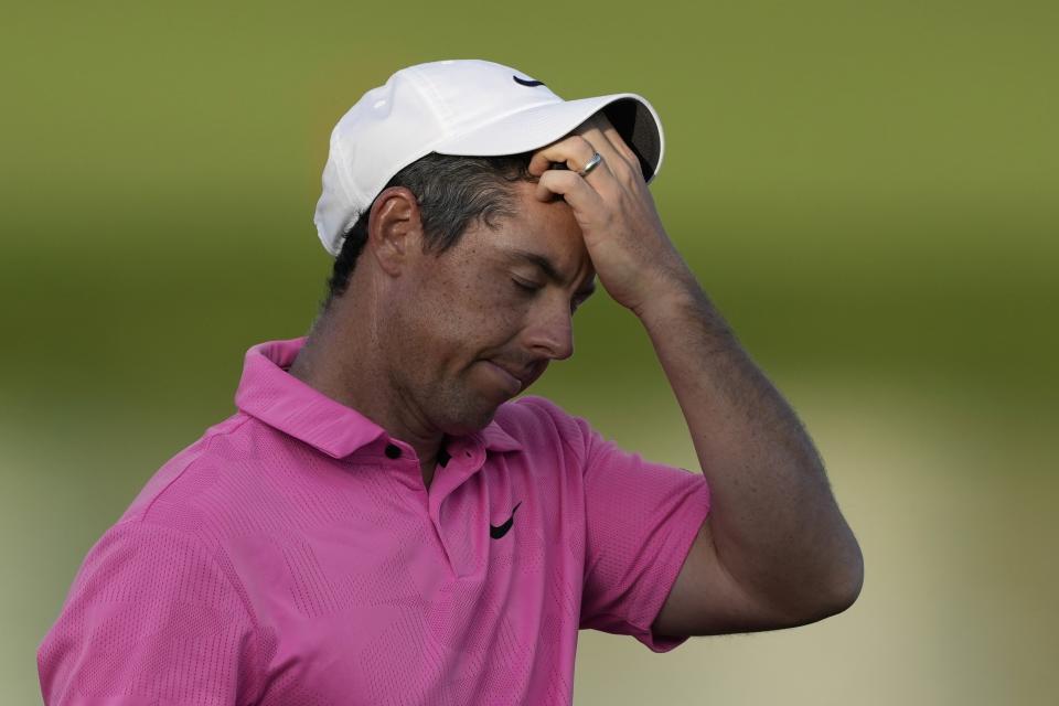 Rory McIlroy of Northern Ireland reacts on the 18th hole during the third round of the Dubai Desert Classic, in Dubai, United Arab Emirates, Sunday, Jan. 29, 2023. (AP Photo/Kamran Jebreili)