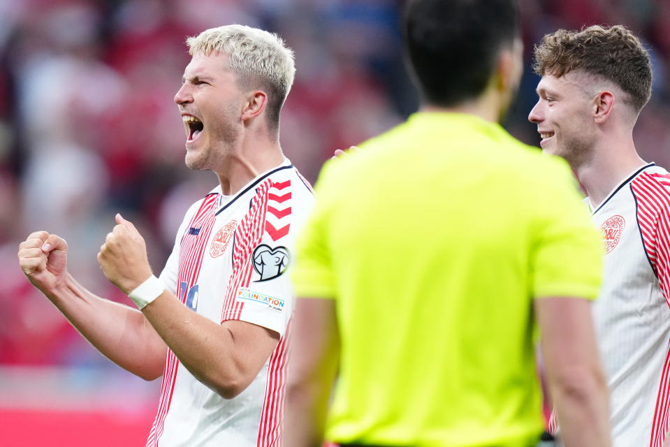 Denmark's Jonas Wind celebrates after scoring during the Euro 2024 group H qualification soccer match between Denmark and Northern Ireland in Copenhagen, Friday, June 16, 2023.(Liselotte Sabroe/Ritzau Scanpix via AP)