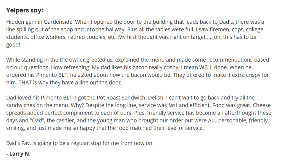 A screenshot of a Yelp review for Dad’s Favorites.