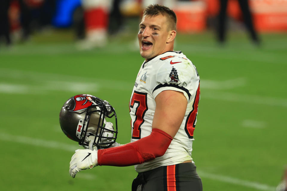 TAMPA, FLORIDA - FEBRUARY 07: Rob Gronkowski #87 of the Tampa Bay Buccaneers celebrates after winning Super Bowl LV at Raymond James Stadium on February 07, 2021 in Tampa, Florida. The Buccaneers defeated the Chiefs 31-9. (Photo by Mike Ehrmann/Getty Images)