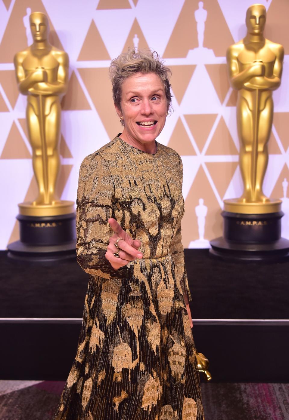Frances McDormand poses in the press room with the Oscar for Best Actress during the 90th Annual Academy Awards. (Photo: Frederic J. Brown/AFP/Getty Images)