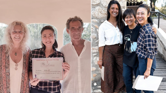 Actress Cynthia Koh with her sound healing diploma certificate in Spain (left) and her new harmonic family (Photos: cynthiakoh27/Instagram)