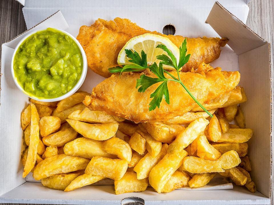 fish and chips with mushy peas