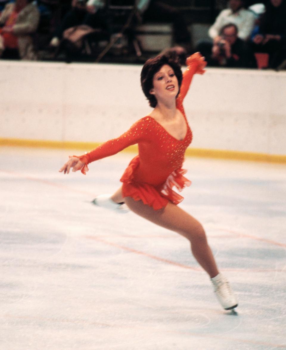 The American skater performing during the 1980 Winter Olympics in Lake Placid, New York.