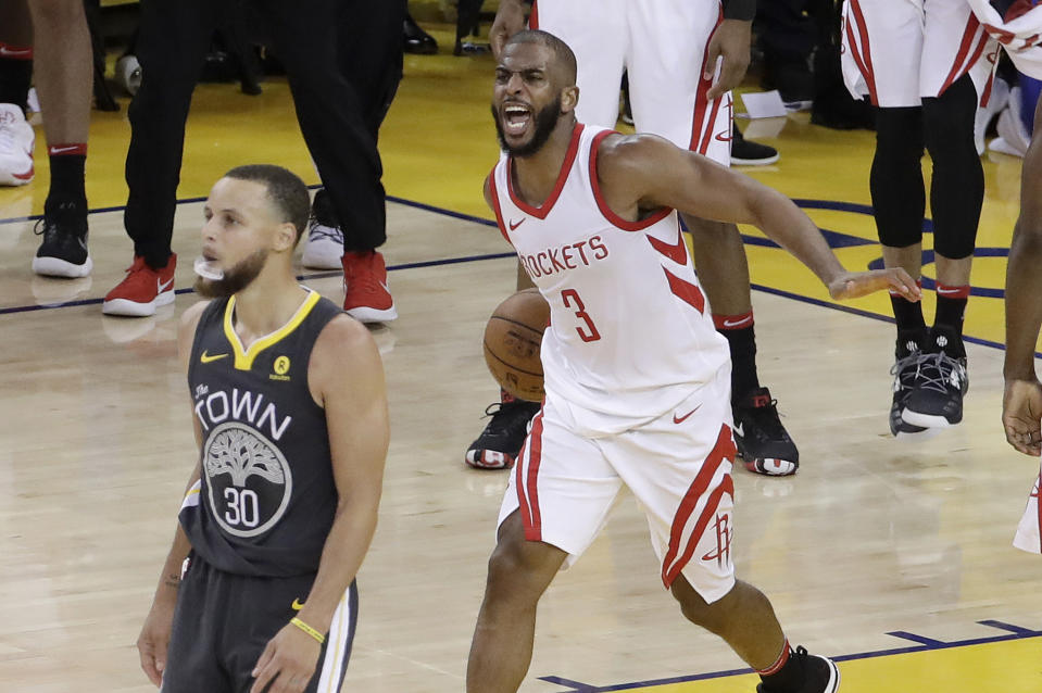 Chris Paul celebrates a massive Game 4 win that got his Rockets even with Stephen Curry’s Warriors in the best-of-seven Western Conference finals.