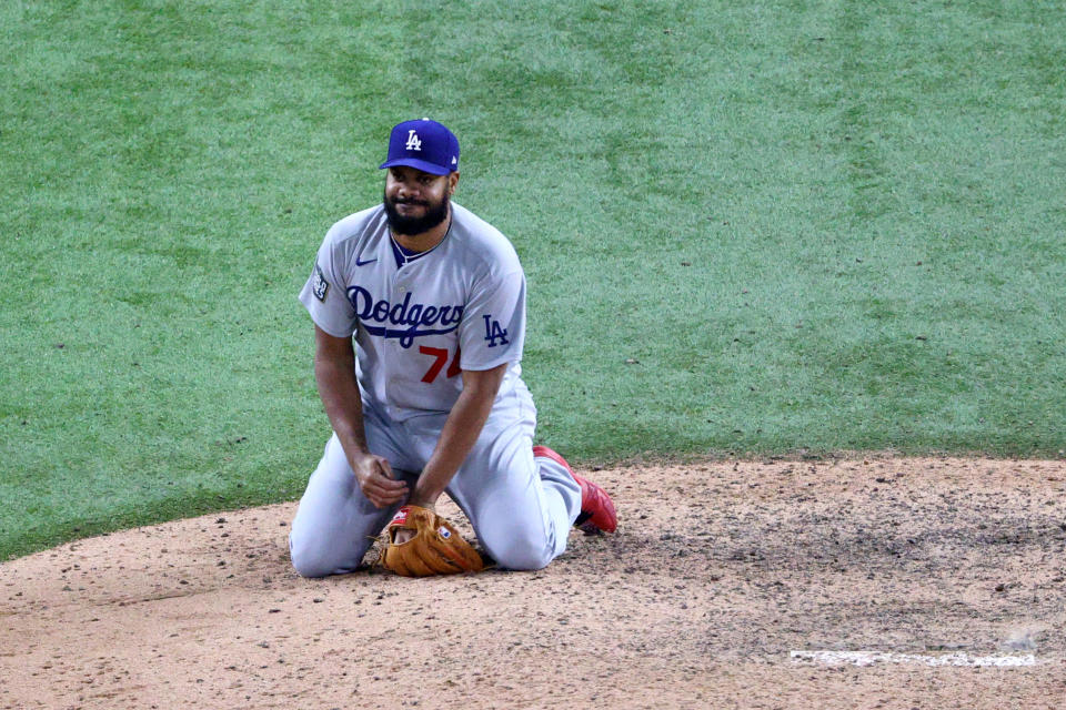 ARLINGTON, TEXAS - OCTOBER 24:  Kenley Jansen #74 of the Los Angeles Dodgers reacts after allowing the game-winning single to Brett Phillips (not pictured) of the Tampa Bay Rays during the ninth inning to give the Rays the 8-7 victory in Game Four of the 2020 MLB World Series at Globe Life Field on October 24, 2020 in Arlington, Texas. (Photo by Sean M. Haffey/Getty Images)