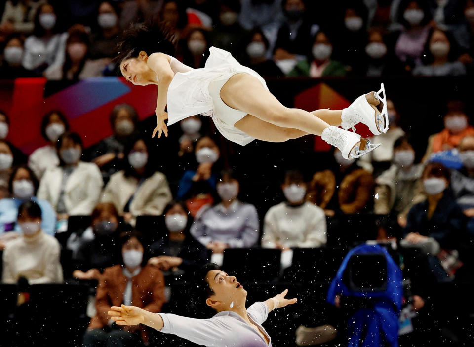 Japan's Riku Miura and Ryuichi Kihara perform during pairs free skating at the World Figure Skating Championships in Saitama, Japan, on March 23, 2023.