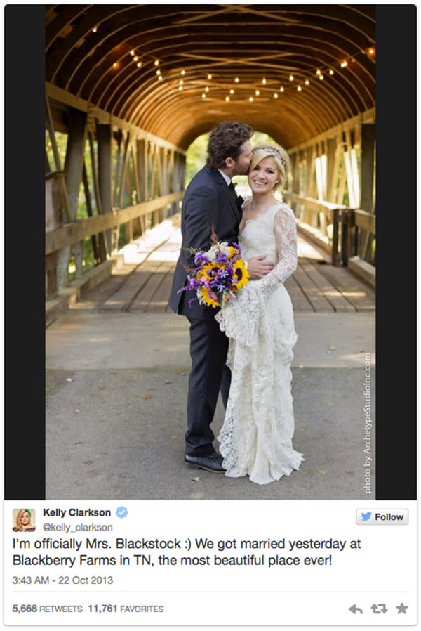 Kelly Clarkson and Brandon Blackstock said “I do” in a romantic ceremony in Tennessee in October 2013. Sharing photos of her stunning wedding dress, the former <i>American Idol</i> star wrote, "I'm officially Mrs. Blackstock :) We got married yesterday at Blackberry Farms in TN, the most beautiful place ever!"