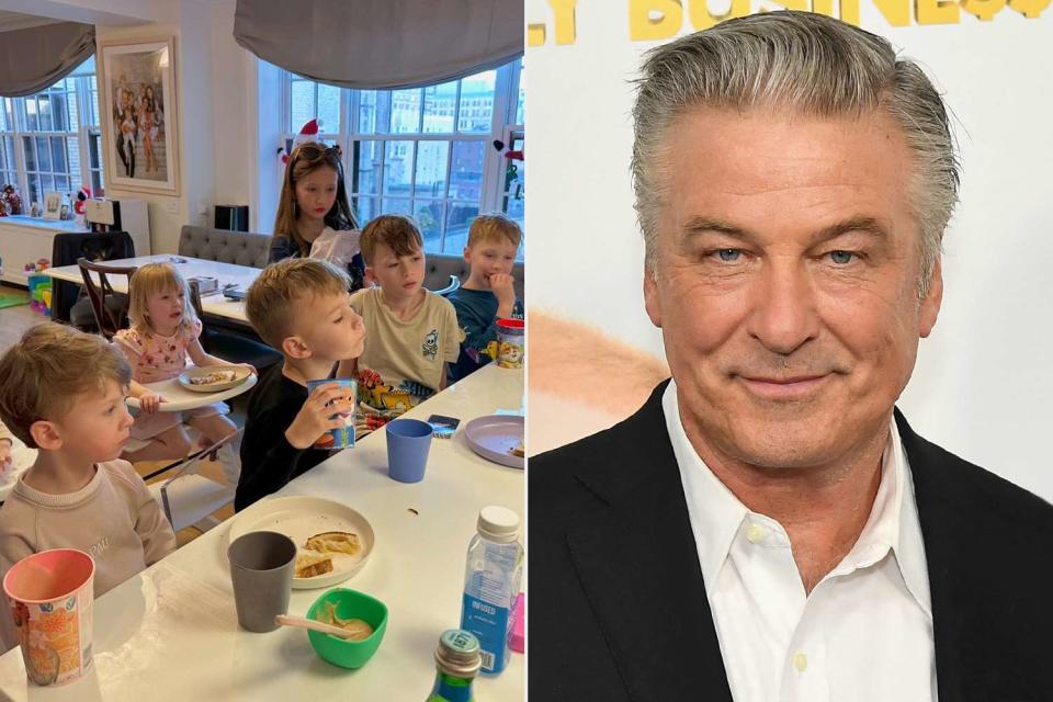 <p>Alec Baldwin/Instagram; Angela Weiss / AFP via Getty</p> Alec Baldwin posts seven of his kids (L) as they enjoy breakfast