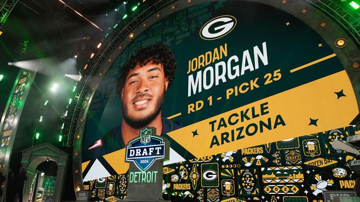 <div>The Green Bay Packers selected Arizona Tackle Jordan Morgan with the 25th overall pick during Day 1 of the NFL Draft on April 25, 2024. (Photo by John Smolek/Icon Sportswire via Getty Images)</div>