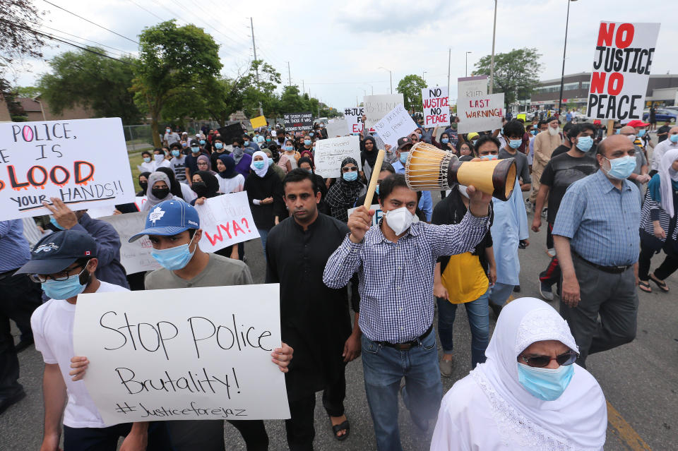 MISSISSAUGA, ON- JUNE 22  -   Protesters continue to rally outside the Malton apartment building where 62-year-old Ejaz Choudry was fatally shot by Peel police officers Saturday following a 911 call for a mental-health crisis. in . June 22, 2020.        (Steve Russell/Toronto Star via Getty Images)