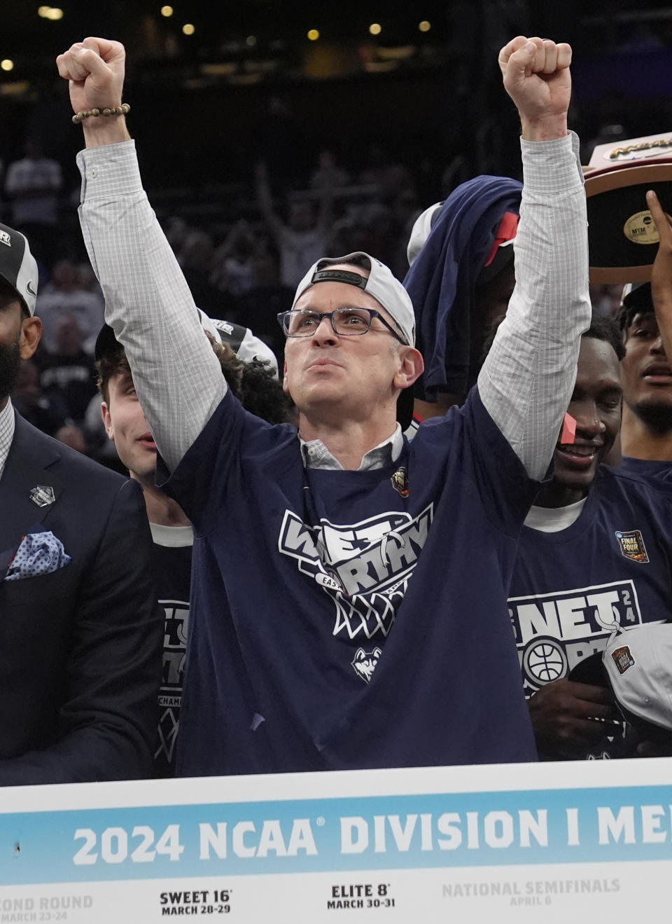 UConn head coach Dan Hurley celebrates after defeating Illinois in the Elite 8 college basketball game in the men's NCAA Tournament, Saturday, March 30, 2024, in Boston. (AP Photo/Steven Senne)