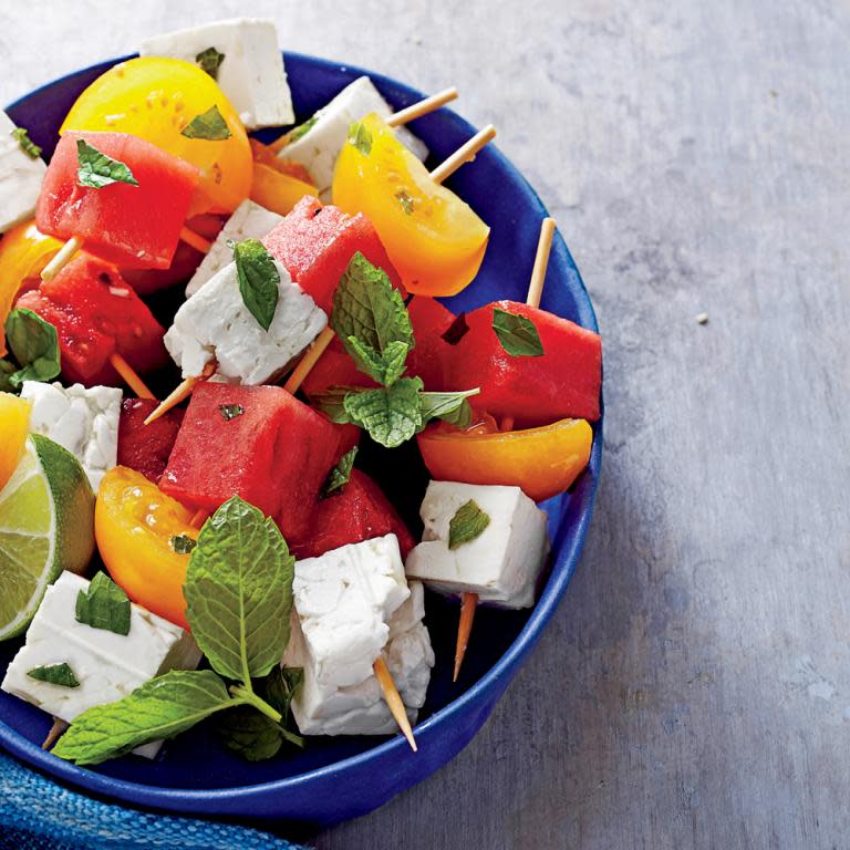 Tomato, Watermelon, and Feta Skewers with Mint and Lime