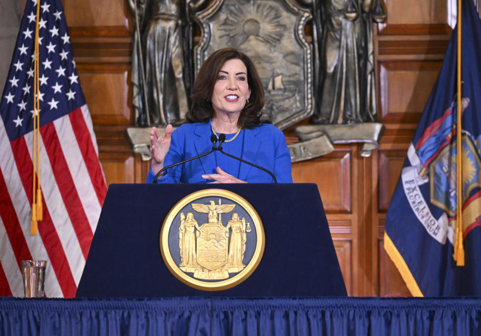 New York Gov. Kathy Hochul presents her 2025 executive state budget in the Red Room at the state Capitol Tuesday, Jan. 16, 2024, in Albany, N.Y. (AP Photo/Hans Pennink)