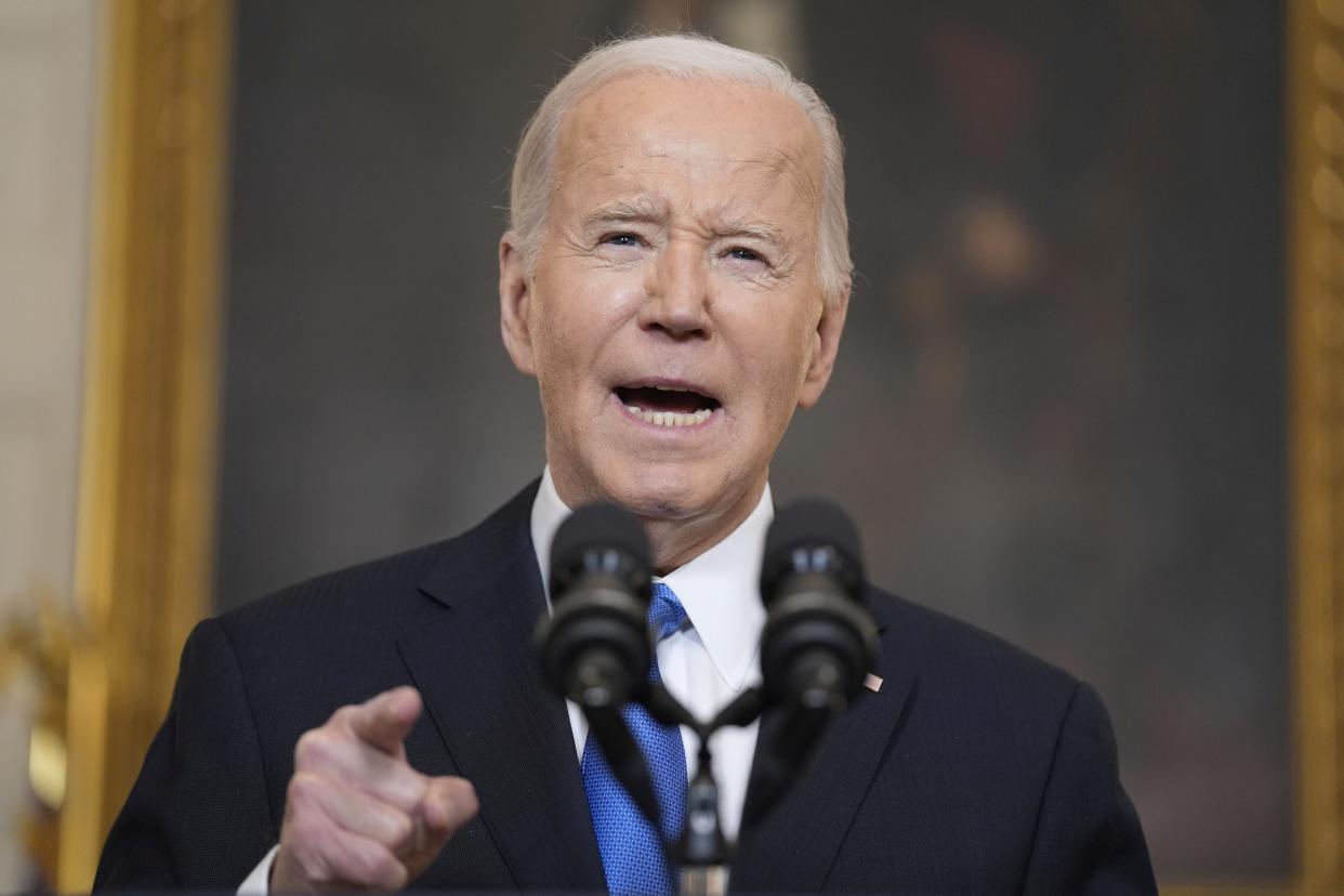 President Joe Biden delivers remarks on a $95 billion Ukraine Israel aid package being debated in Congress, in the State Dining Room of the White House, Tuesday, Feb. 13, 2024, in Washington.