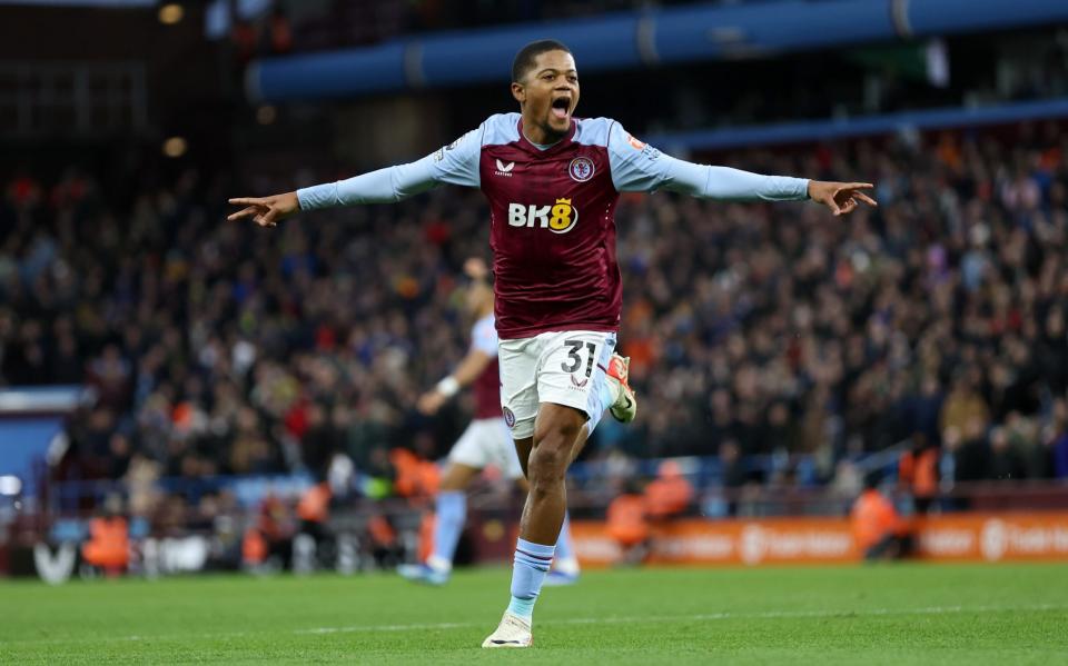 Leon Bailey of Aston Villa celebrates his goal during the Premier League match between Aston Villa and Burnley FC at Villa Park on December 30, 2023 in Birmingham, England