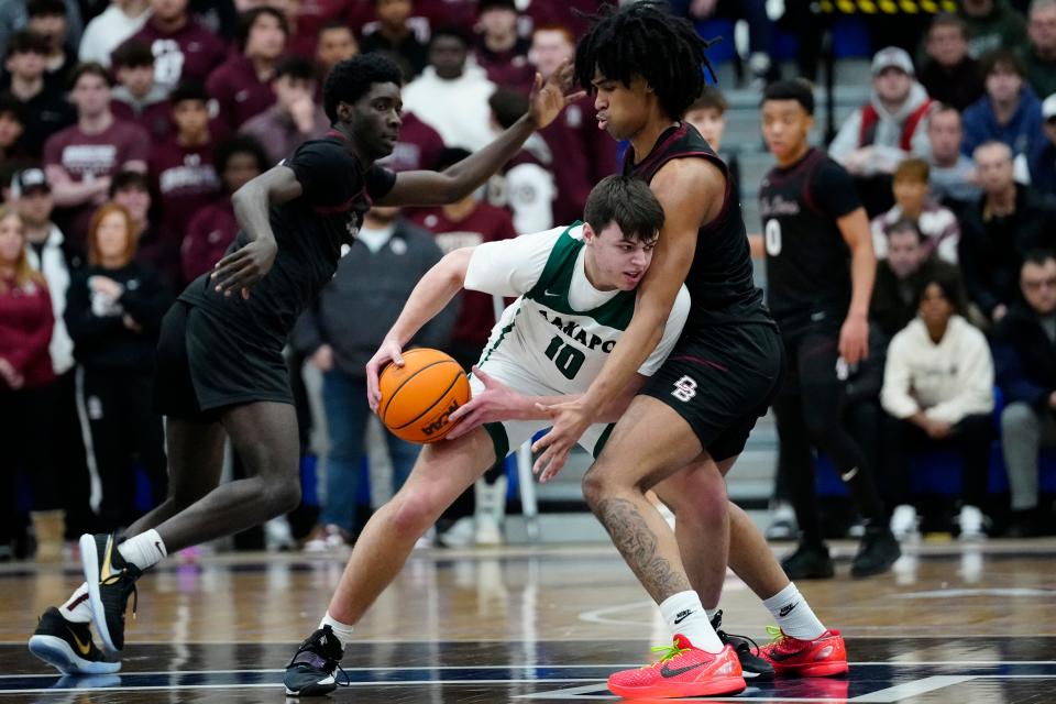 Peyton Seals, of Ramapo, tries to get past Dylan Harper, of Don Bosco Prep, during the Bergen County Jamboree, Sunday, February 18, 2024, in Hackensack.