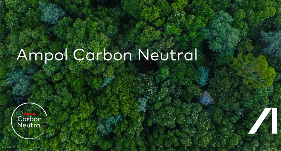 A still image showing an aerial vierw of a forest with the words 'Ampol Carbon Neutral'.