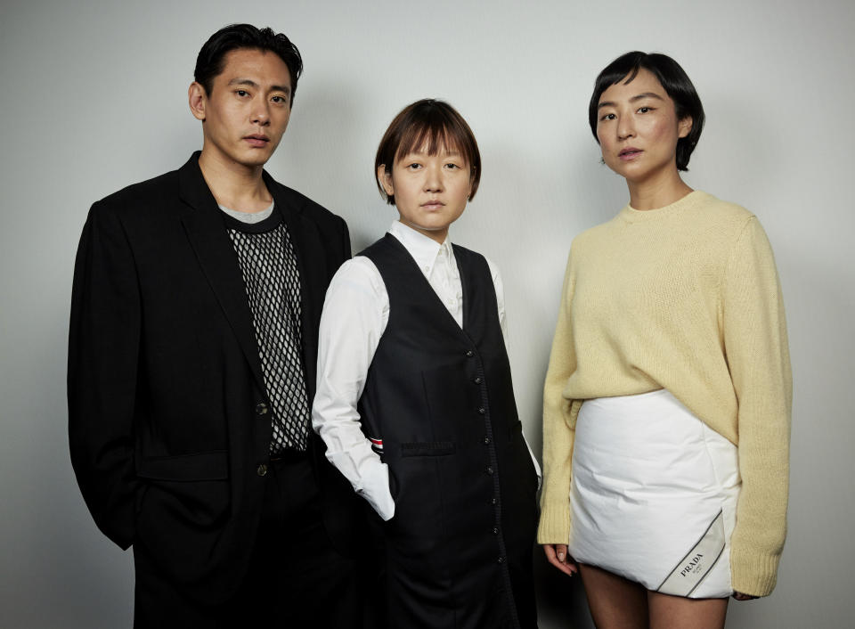 Teo Yoo, left, Celine Song and Greta Lee pose for a portrait to promote the film "Past Lives" on Wednesday, May 31, 2023, in New York. (Photo by Matt Licari/Invision/AP)