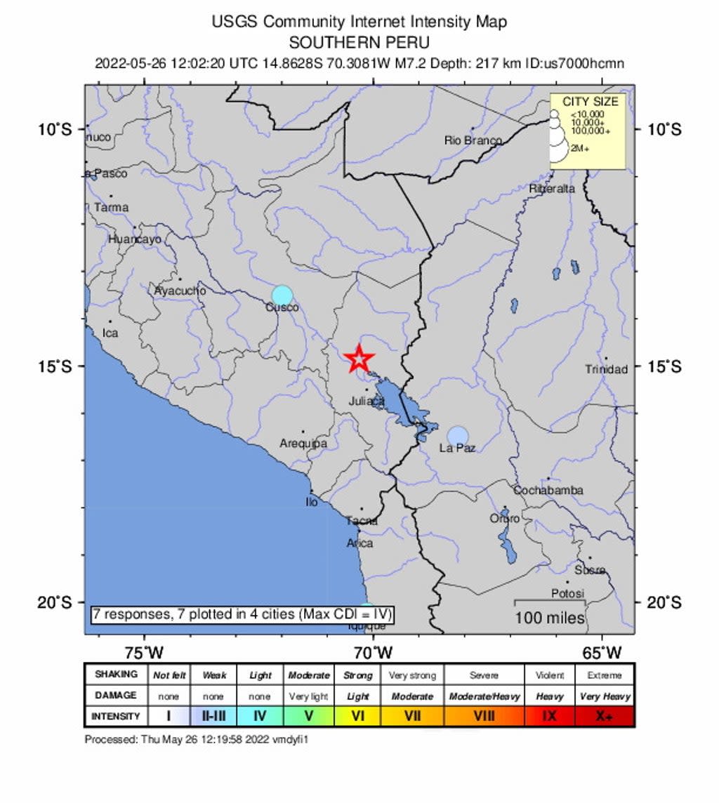 A USGS map showing the location of Thursday morning’s earthquake in southern Peru (EPA)