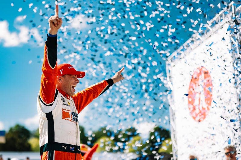 Scott McLaughlin celebrates his win in Barber, 2023