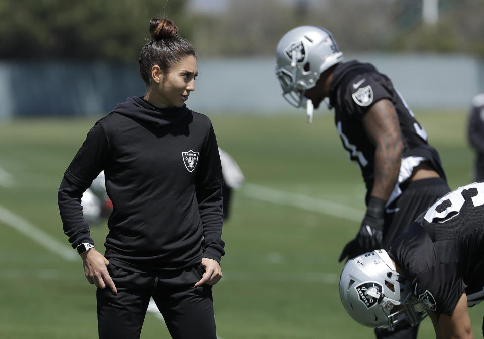 Assistant strength and conditioning coach Kelsey Martinez is the first female coach in Oakland Raiders history. (AP)