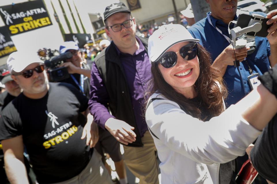 Fran Drescher, actress and president of the Screen Actors Guild - American Federation of Television and Radio Artists (SAG-AFTRA), made an appearance and spoke to a combined crowd of SAG-AFTRA members and members of the Writers Guild of America (WGA), as well as members of the media, as the two unions picketed outside the Warner Bros. studio Lot, in Burbank, CA, Friday, July 14, 2023.