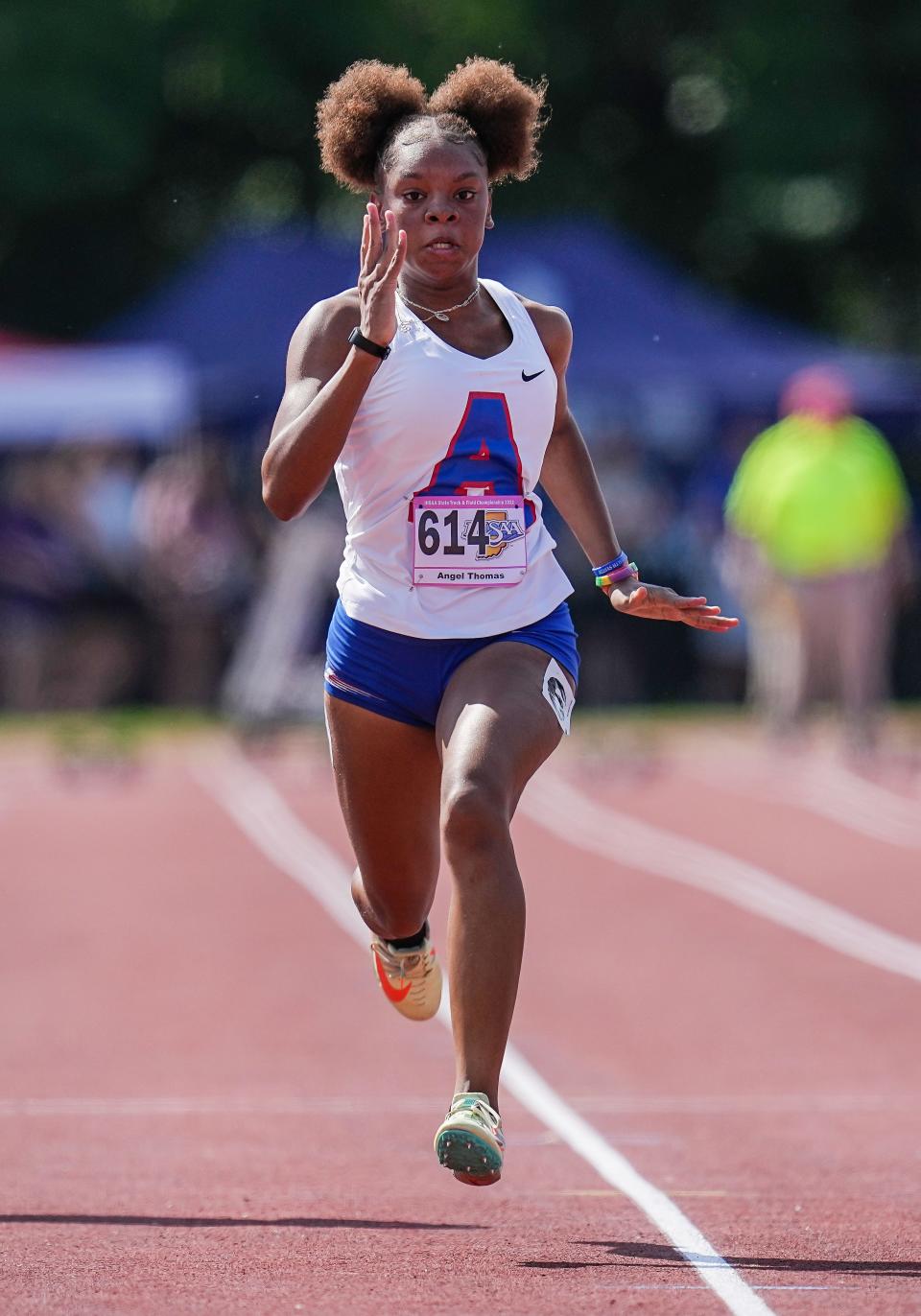 South Bend Adams Angel Thomas competes in the 100 meter dash during the IHSAA girls track and field state finals on Friday, June 3, 2022, at Robert C. Haugh Track & Field Complex, at Indiana University in Bloomington, Indiana.