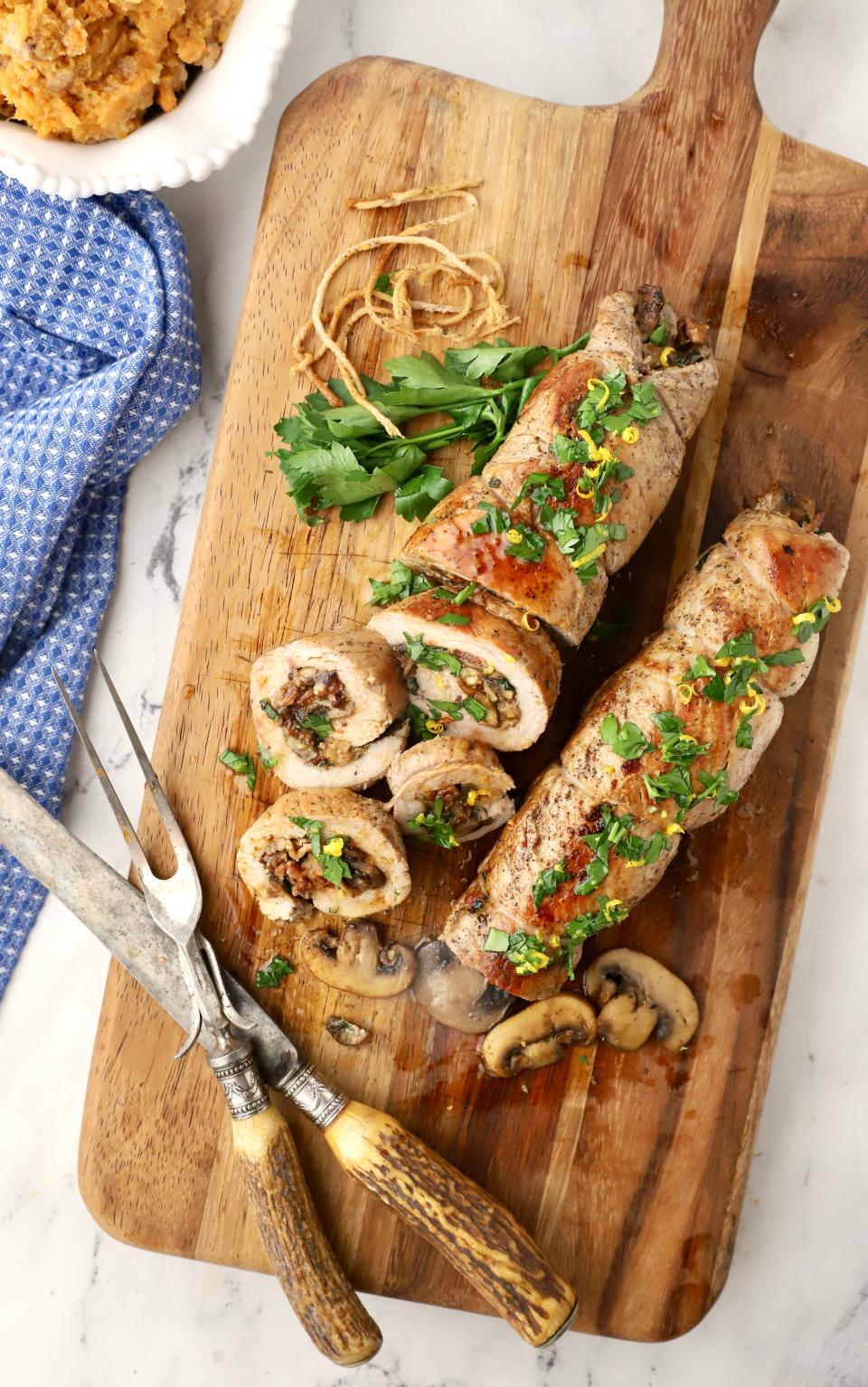 While the Mushroom Stuffed Pork Tenderloin with Bacon rests, make the lemon and parsley mixture in a small bowl.