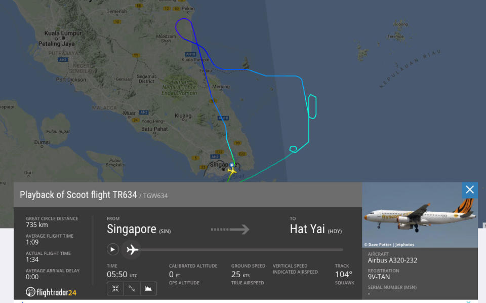 The flight path taken by Scoot flight TR634 on Thursday (5 April). (PHOTO: Screengrab from Flightradar24)