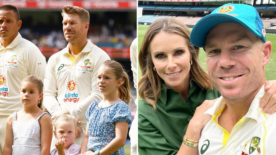 Pictured left is David Warner with his three daughters and alongside wife Candice on the right.