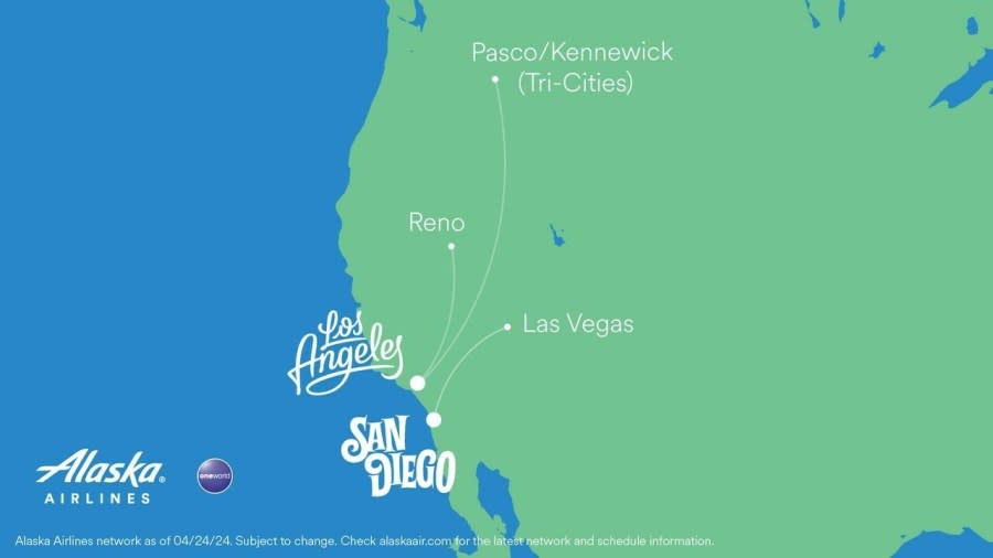 Map shows new Alaska Airlines service launching in Southern California in October 2024. (Alaska Airlines)