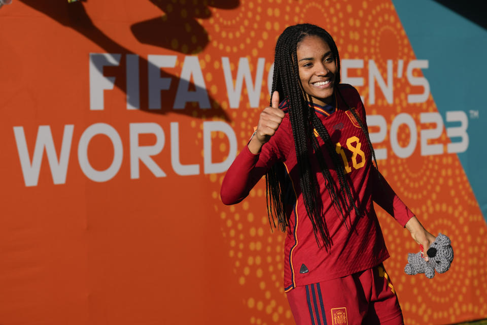 Spain's Salma Paralluelo gestures to supporters following their extra time win at the Women's World Cup quarterfinal soccer match against the Netherlands in Wellington, New Zealand, Friday, Aug. 11, 2023. (AP Photo/Alessandra Tarantino)